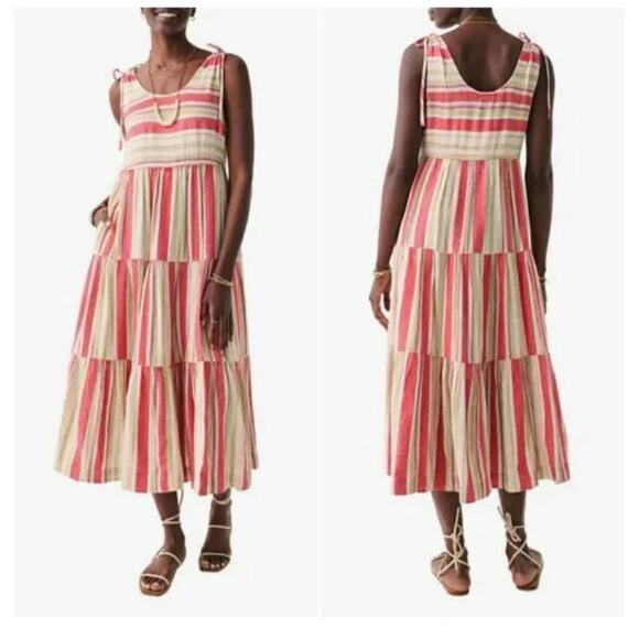 FAHERTY Lanai Linen Cotton Blend Striped Boho Sleeveless Tie Shoulder Dress XL - Picture 15 of 16